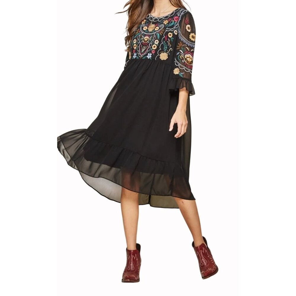 Savanna Jane Black Embroidered Floral Boho Dress 3/4 Sleeve & Ruffle Hem Size 1X
